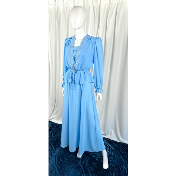 Vintage 1960’s Chiffon Belted Maxi Dress + Matching Floral Jacket in Blue • S/M - Picture 2 of 10